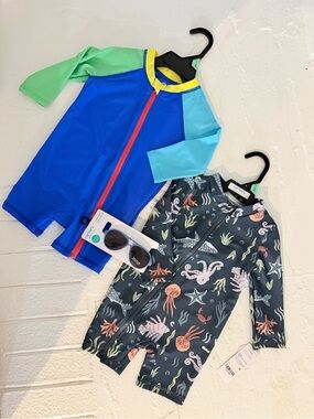 Kids Rash Guard Swimsuit Set with Ocean Print & Colorblock